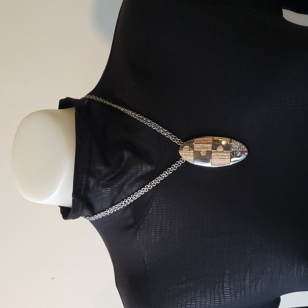 Silver Wood and Diamond Puzzle Piece Ellipse Mirror Necklace